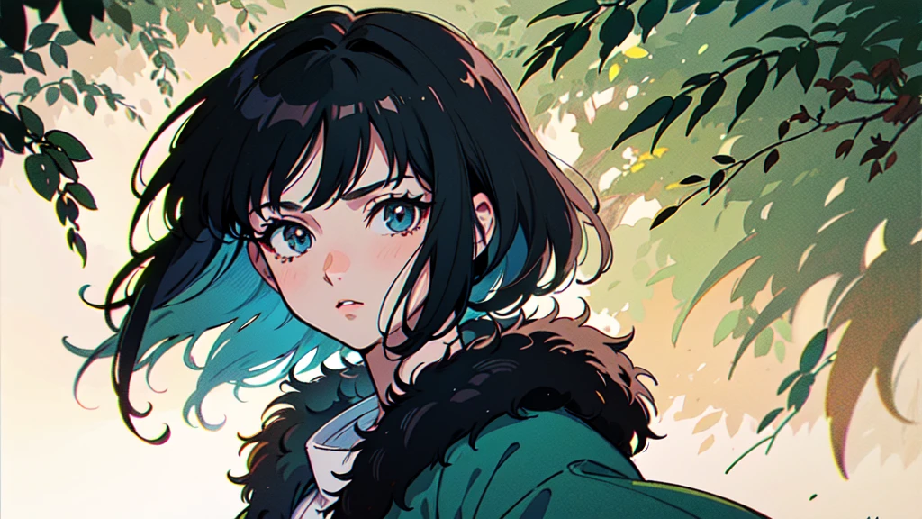 　Create an anime character in the 90s art style, inspired by classic films like Princess Mononoke. The character should have a strong, determined expression, with detailed facial features and large, expressive eyes typical of 90s anime. They should wear traditional, nature-inspired clothing, including elements like a fur cloak, tribal paint, and handmade accessories. The background should feature a lush, dense forest, with deep greens and natural lighting that captures the mysterious and magical atmosphere often found in 90s anime. Emphasize a slightly muted color palette with a focus on earthy tones, and include the use of hand-drawn textures and shading that give the scene a nostalgic feel.