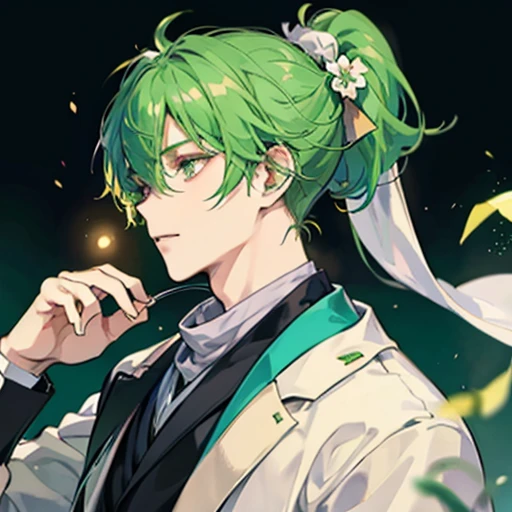 A man with green hair holding a rice ball、Ponytail and headphones、A scarf wrapped around a suit、