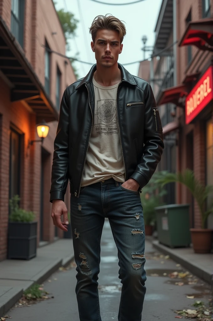 A man with a height of 172 centimeters and a weight of 66 kilograms wearing a retro t-shirt with a black leather jacket and retro denim pants
