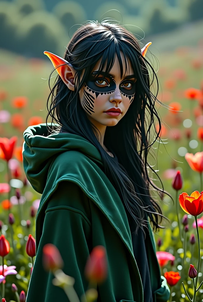 elf, 1 girl, body art, skeleton makeup, dynamic angle, dynamic light, skeleton makeup, mexican makeup, green cape, short hair, black hair, tousled hair, flower field, black hoodie, , nude