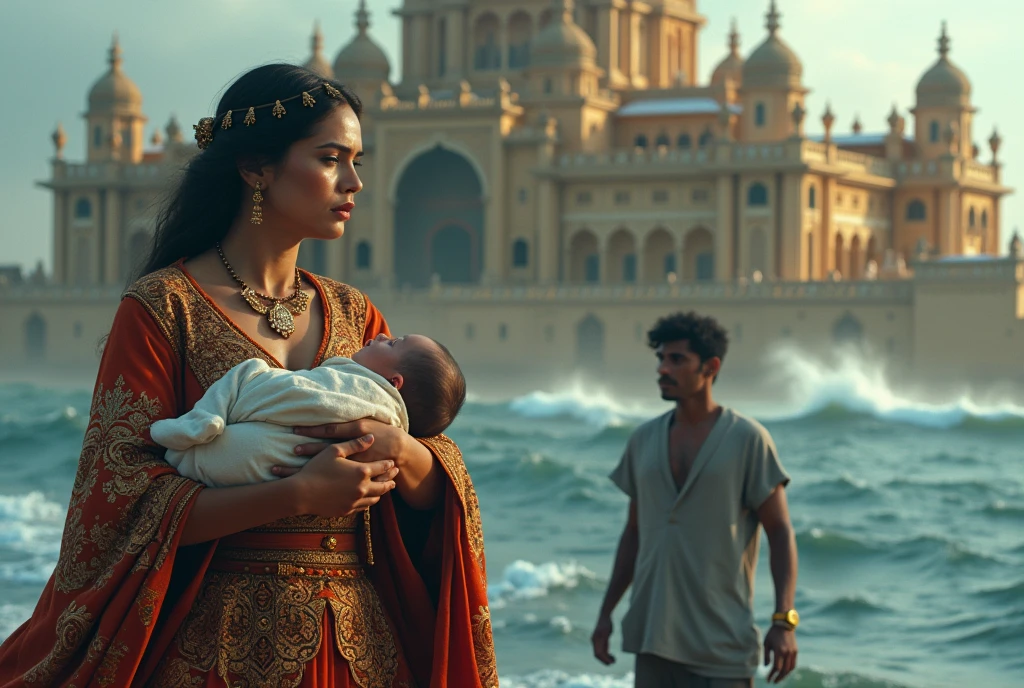 There is a big palace, in that palace there is a woman who is wearing colorful clothes and has a born child in her hand. There is a man standing with her who is 30 years old and in front of them there is a sea in which they throw the born child. Is