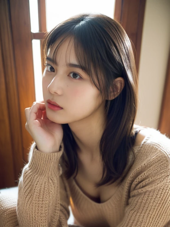 masterpiece, best quality, extremely detailed, (illustration), Raw photo, absurdres, 1girl, ribbed sweater, (small breasts),beautiful face, hands behind body, photorealistic, depth of field, anatomically correct, textured skin, UHD,hotelroom,feeling weak,(sweat)