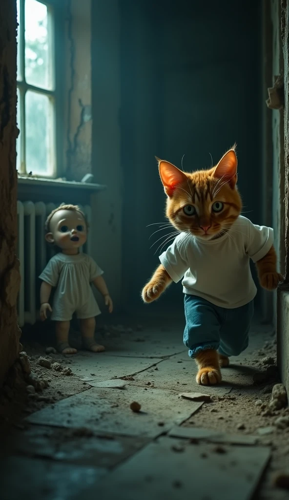 Start with an orange cat wearing white shirt blue pant and wandering through a dimly lit, abandoned house. The camera follows the cat as it slowly pads across the dusty floor. Suddenly, the cat stops and stares at a dark corner where an old, tattered doll is sitting.As the cat approaches the doll, strange whispers fill the air.The cat’s ears twitch, and its fur bristles as it looks around, searching for the source of the sound. The camera zooms in on the cat's wide, fearful eyes.