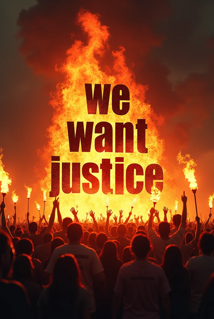 Generate an image where "We Want Justice" appears or surrounded with fire. Give some more images. Now make a poster where people are marching behind this image. People are carrying fire torch