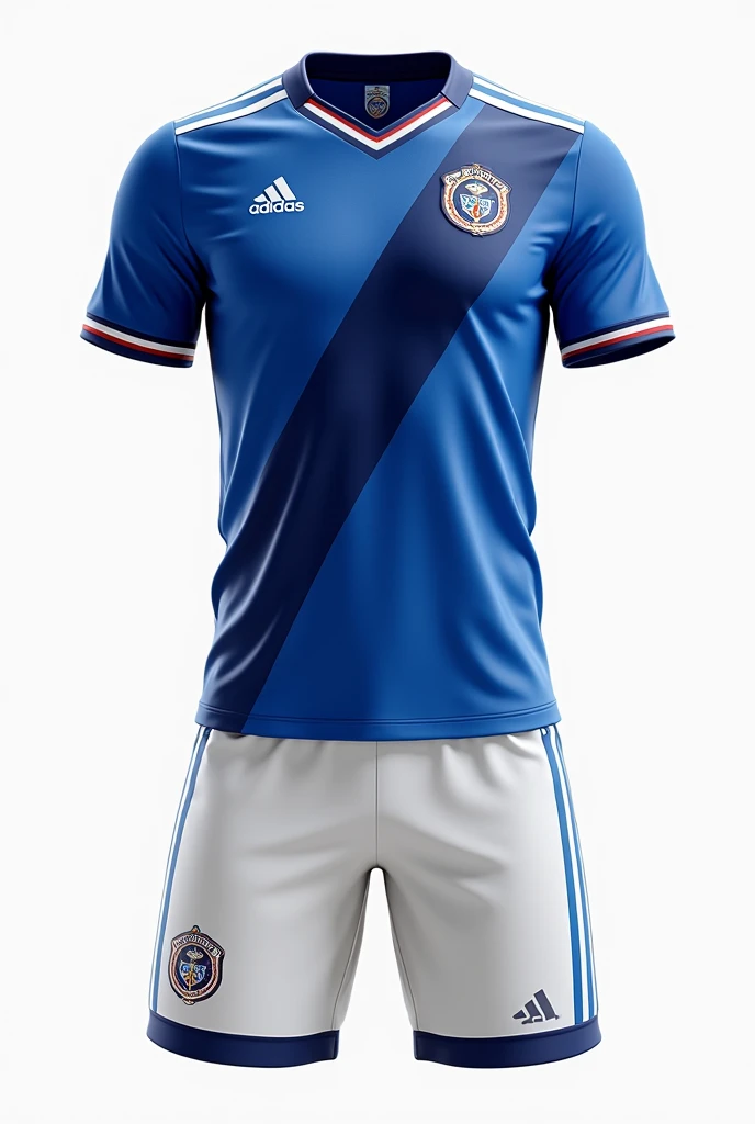 Create a detailed image of the El Salvador national football team uniform.The uniform is expected to include a vibrant blue shirt with white details and the Salvadoran Football Federation crest on the chest.. The shirt must have a modern design, with a combination of diagonal lines or subtle stripes. The shorts must be white with blue details., and the socks must be blue with a white stripe at the top. Also include the sponsor&#39;s logo on the front of the shirt and a number on the back in white.