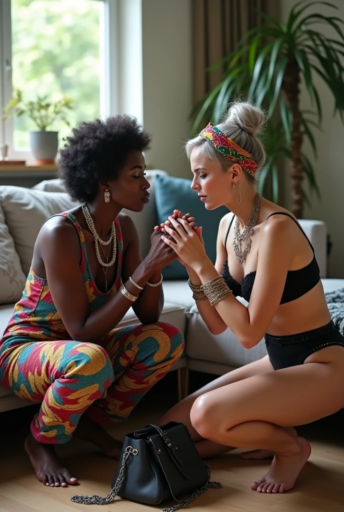 Two women. African old wrinkled milf woman lounging lazily on a sofa with separated legs, afro hairdo, serious face, wearing traditional colourful african clothes, barefoot,. A caucasian milf woman is keeling at her feet, stretching her neck to kiss the hands of the black woman. Caucasian woman: (light grey hair, light green eyes, pale face, pale neck, pale chest, pale arms, pale hands, pale stomach, pale legs and feet) in chic rock fashion: pompadour hairstyle with top bun and shaved sides, colourful bandana as headboard, a lot of metallic necklaces and pendants, a lot of wide metallic bracelets, black lace push up bra, low rise black lace thong, chains as belts, squatting with arms on knees, passive facial expression with open mouth, arched back humbly, stretching her neck to kiss her girlfriend eagerly, big square sunglasses, thin neck, thin arms, thin legs, well toned abdominals. In an apartment decorated in Scandinavian style. A black leather studded tote bag on the floor. Natural light