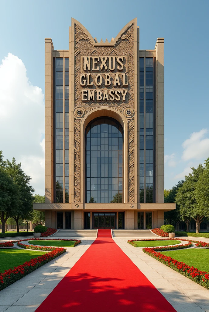 Create a building with  Congolese design,  state design with a full view and a concrete on the building written  NEXUS GLOBAL EMBASSY  on it's own compound with Grass and flowers with red carpet on entrance 