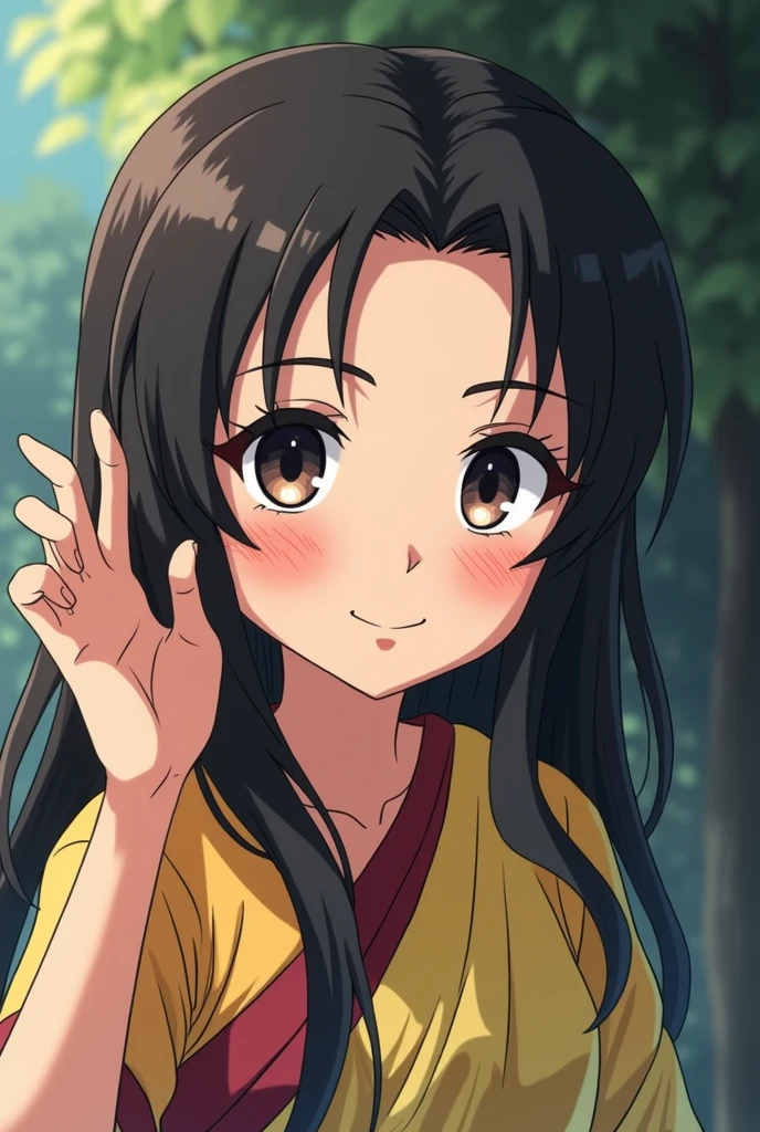 Hinata hyuga in anime Indian saree with smile and set her hair with hand with gray eyeball