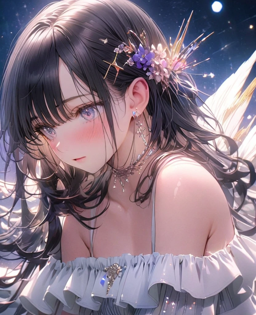 8k,Ephemeral beauty,Very delicate and beautiful,Beautiful and realistic skin,Shiny Hair,Black Hair、Long and colorful hair,Beautiful Eyes,Beautiful night sky、shy、Hair is half-up without any hair accessories、small jewel pin、No earrings、No piercing、Shy、White frilly outfit