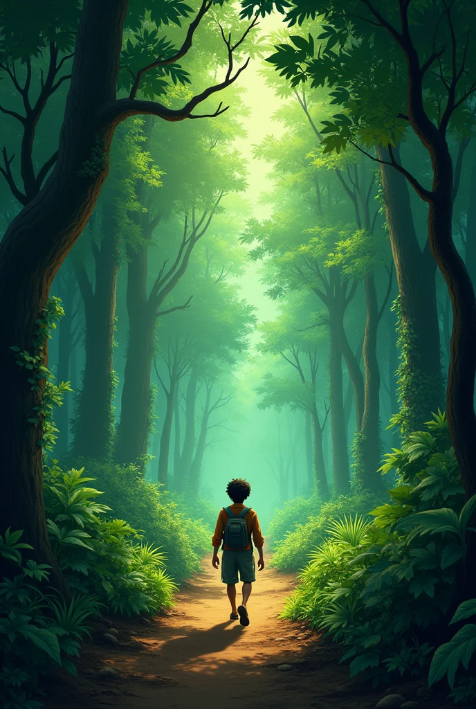 Generating hd quality thumbnail for YouTube ""Braving the Wilderness": Design a thumbnail featuring Raju walking through a dense forest, with a contrast between the dark, dry village area and the vibrant, green forest. Add text like "Raju's Brave Journey" and "Inspiration in Every Step."