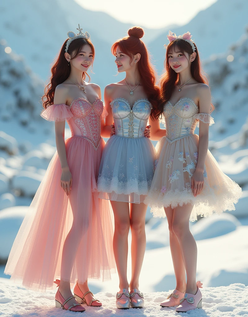 Extremely cute and sweet photo, of three -head body, Group photo, ((colourful, fresh cute))，Three cute and sweet 30 years old woman on peace of ice, first girl has short dark red bun hair, second brunette long hair, third brunette long hair, Model figure cute, long-legged woman, A woman in a luxurious and elaborate colorful fresh lolita dress, wearing yellow wellies shoes long, with hearts and unicorns on, patterned tights, standing on a snowy mountain, with reflective skin and reflective clothing, venus cute body, full body shot, ray tracing, reflection light, chiaroscuro, UHD, masterpiece, anatomically correct, textured skin, super detail, high quality, 4K, higher, girls smiling, have fun