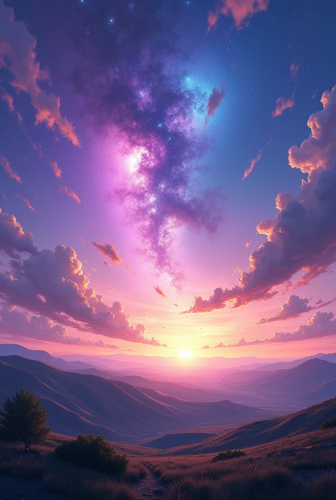 Prompt: "Generate an image of a serene landscape with a sky displaying vibrant, swirling colors of purple, blue, and gold, with a few puffy clouds scattered across the horizon."