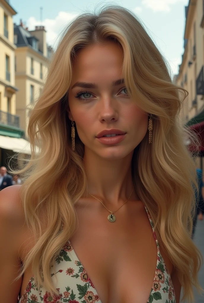 Real photo of a woman, Megan Fox, in the 90's, long blonde hair, old fortunes. Color photographic style, in chic Lacoste dress, gold creole earrings, in Paris