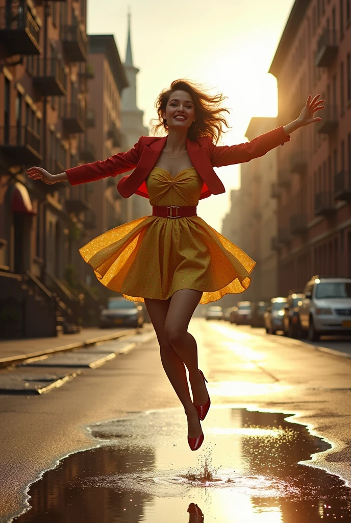 A girl, age 25, smiling and dressed in 50's style, jumps over a puddle on a New York street, after a rain. Sun appearing in the background.