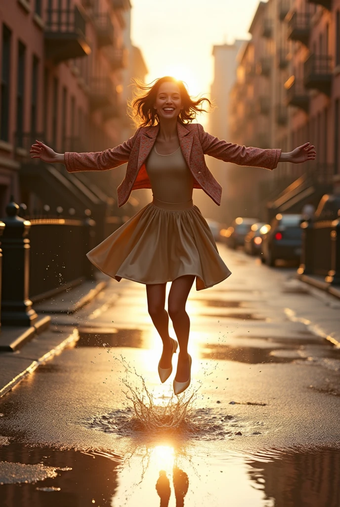 A girl, age 25, smiling and dressed in 50&#39;s style, jumps over a puddle on a New York street, after a rain. Sun appearing in the background.