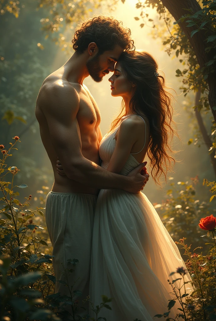 a spiritual connection between a man and a woman, ethereal, romantic, glowing aura, warm lighting, magical realism, cinematic composition, dreamlike atmosphere, detailed facial features, intricate clothing, flowing fabrics, mystical setting, natural elements, vibrant colors, chiaroscuro lighting, impressionistic style, atmospheric perspective, (best quality,8k,highres,masterpiece:1.2),ultra-detailed,(realistic,photorealistic,photo-realistic:1.37),cinematic lighting,dramatic shadows,dynamic pose,intimate embrace,emotional intensity