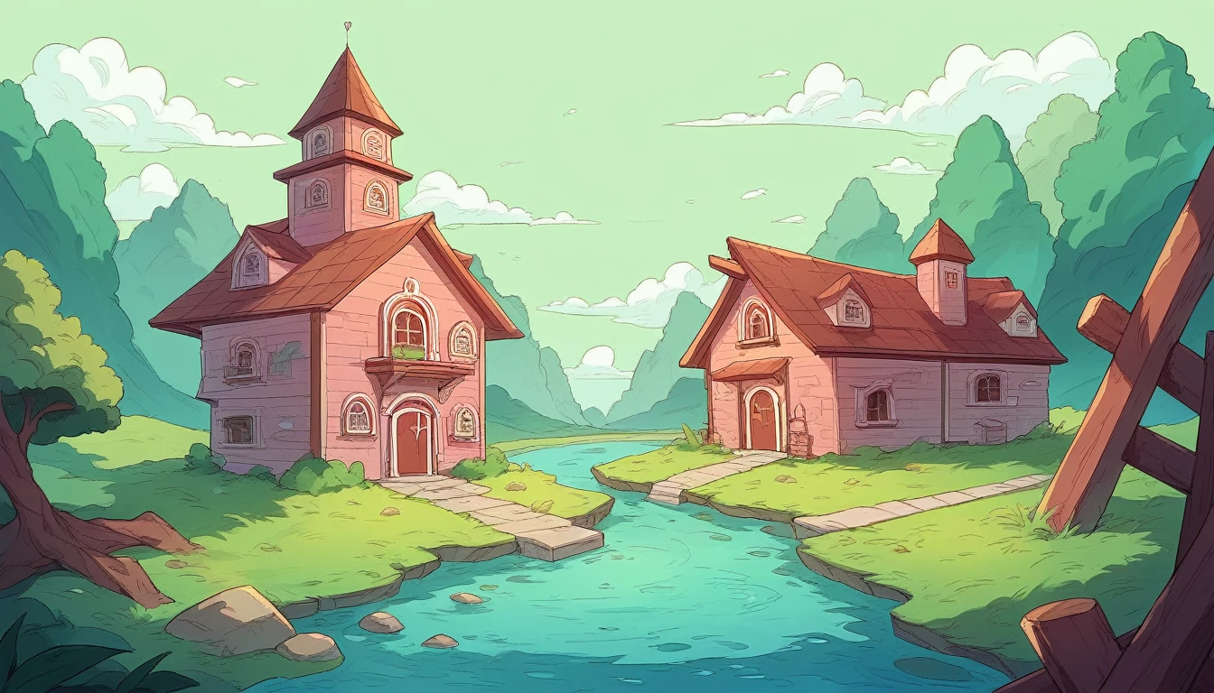 Create a digital landscape illustration featuring a calm river with blue water in the foreground. In the middle of the scene, there are two large, symmetrical brick structures facing each other, with steps leading down to the water. The background showcases a green landscape with trees and a small, distant house on the right side. The sky is clear, with a soft gradient, indicating a peaceful, sunny day."
