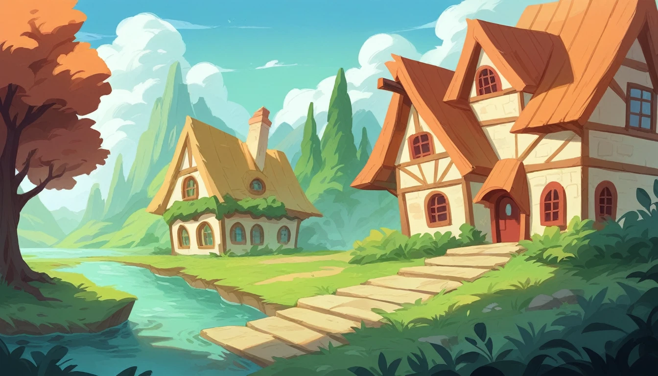 Create a digital landscape illustration featuring a calm river with blue water in the foreground. In the middle of the scene, there are two large, symmetrical brick structures facing each other, with steps leading down to the water. The background showcases a green landscape with trees and a small, distant house on the right side. The sky is clear, with a soft gradient, indicating a peaceful, sunny day."