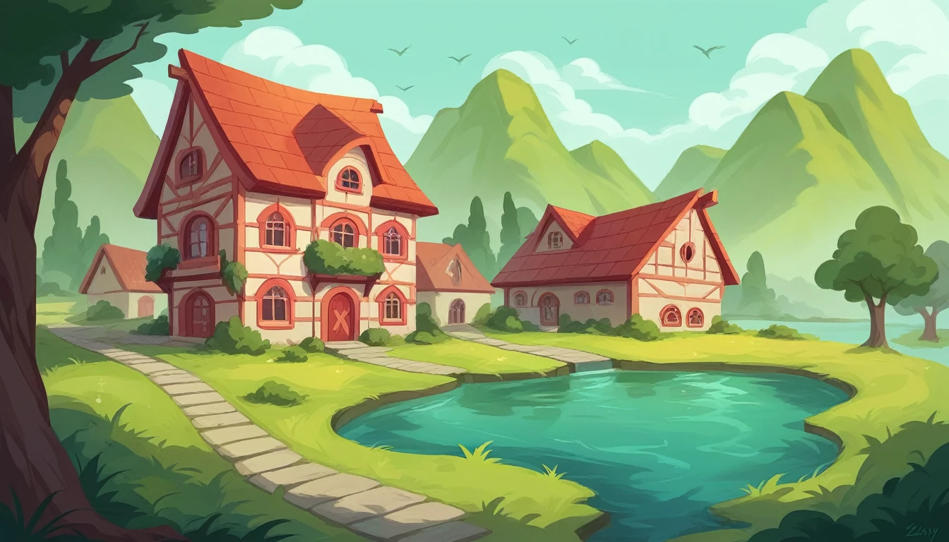 Create a digital landscape illustration featuring a calm river with blue water in the foreground. In the middle of the scene, there are two large, symmetrical brick structures facing each other, with steps leading down to the water. The background showcases a green landscape with trees and a small, distant house on the right side. The sky is clear, with a soft gradient, indicating a peaceful, sunny day."