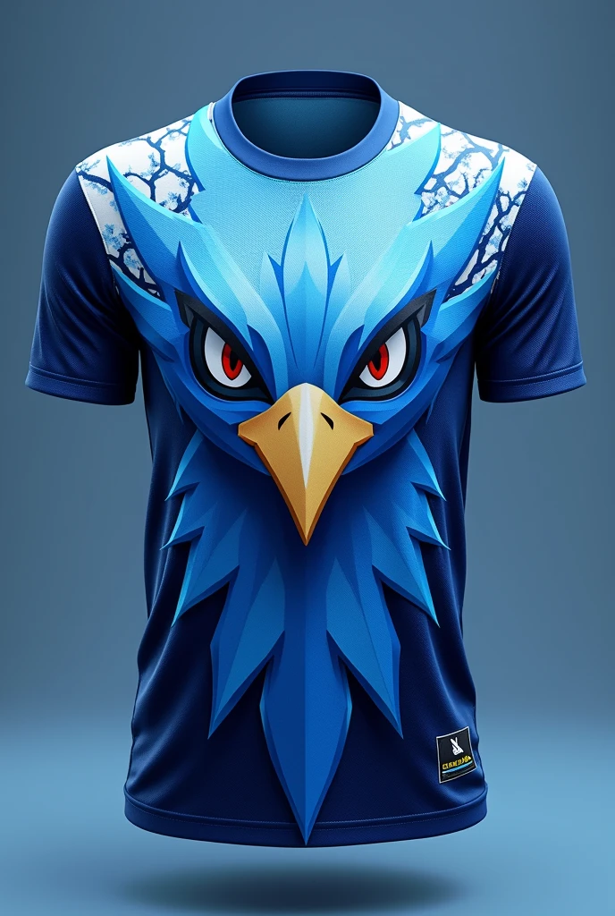 Create a jersey design with following ideas
Base Color: Deep Royal Blue
Design Elements:
Crystal Shards: Incorporate jagged, crystal-like patterns in various shades of blue and white across the jersey, particularly around the shoulders and chest, mimicking the look of an icy cavern.
Textured Ice: Use a textured fabric for certain parts of the jersey, giving the impression of cracked ice or frozen surfaces.
Articuno’s Gaze: in the front, a detailed, artistic rendering of Articuno's eyes could be placed, symbolizing the piercing, watchful gaze of the legendary bird.