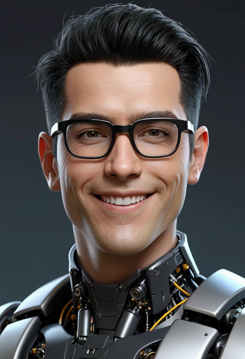 HUMANLIKE SKIN TEXTURE SMILING Male robot body hair with black-rimmed glasses with undercut hair, Look to the camera ::futuristic cyberpunk style ,realistic styling ::n_digital painting style, robotic parts, face perfect::seed 1、Black Edged Hair,Black-based clothing,