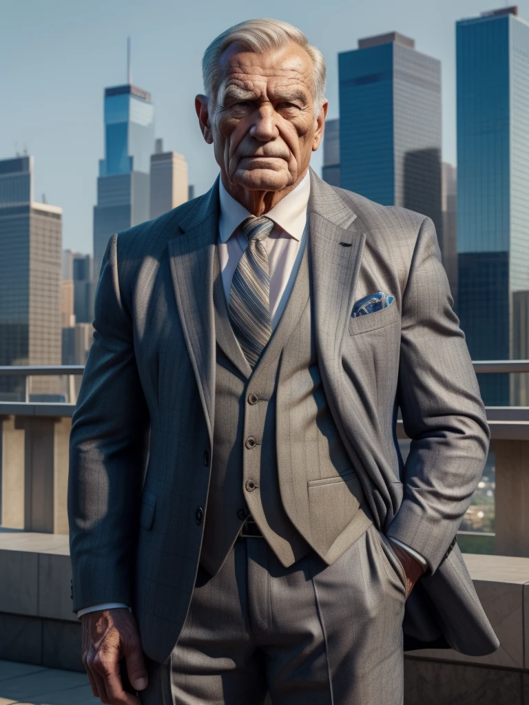 a muscular old man ,wearing a suit, standing in a city background, (best quality,4k,8k,highres,masterpiece:1.2),ultra-detailed,,detailed wrinkles,detailed facial features,detailed texture, half body, halfbody