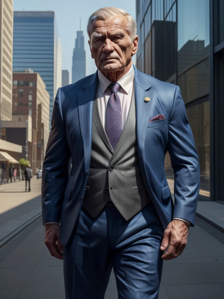 a muscular old man ,wearing a suit, standing in a city background, (best quality,4k,8k,highres,masterpiece:1.2),ultra-detailed,,detailed wrinkles,detailed facial features,detailed texture, half body, halfbody