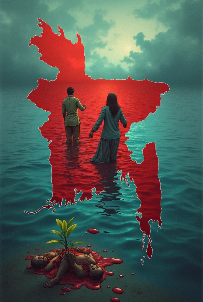 A map of Bangladesh. on the right side of the map, the flood is flowing. And in it, two disheveled Bangladeshi women and men are walking half-drowned and the sky is cloudy. And on the left side of the map, there are two bodies lying on the ground with their blood around them. has spread and that blood is watering the seedling on the map and the sky is crimson.