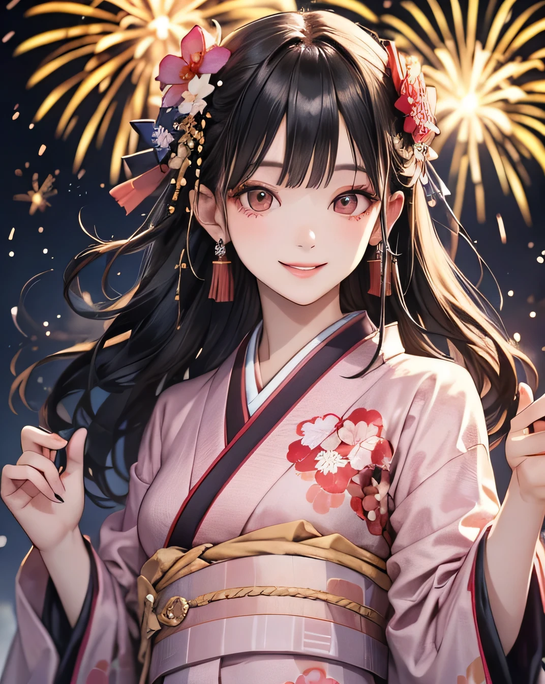 Looking at the camera,(((Highest quality, 8k, masterpiece))), Sharp focus, (Beautiful woman with perfect figure), thin, (Hairstyle: superior)), ((kimono)), Highly detailed face and skin texture, Beautifully detailed face, Beautiful attention to detail, Random Pause, (smile), Beautiful Japanese Woman, Realistic Face, double eyelid, smile, Summer festival, At sunset , Beautiful Teeth , Fireworks Background.