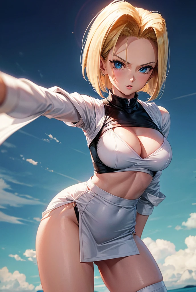 Android 18 from Dragon Ball is wearing a sexy nurse outfit
