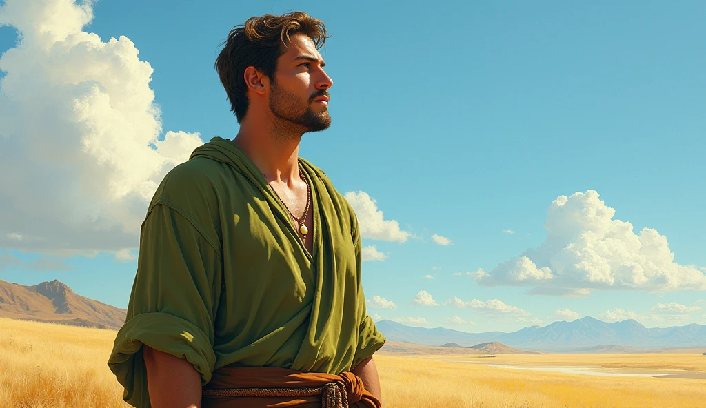 A male Stoic philosopher, around 2, with a well-proportioned physique and slightly tanned skin, stands in a bright, open landscape that contrasts sharply with previous scenes. His classic tunic in soft olive green with subtle copper details gently drapes over his body and subtly reveals his shoulder. The scene is painted in an impressionist style with vibrant, expansive brushstrokes capturing the illumination and openness of the landscape. His face reflects serenity and enlightenment as he gazes out at the clear, expansive view, symbolizing the transition from self-deception to clarity and realism.