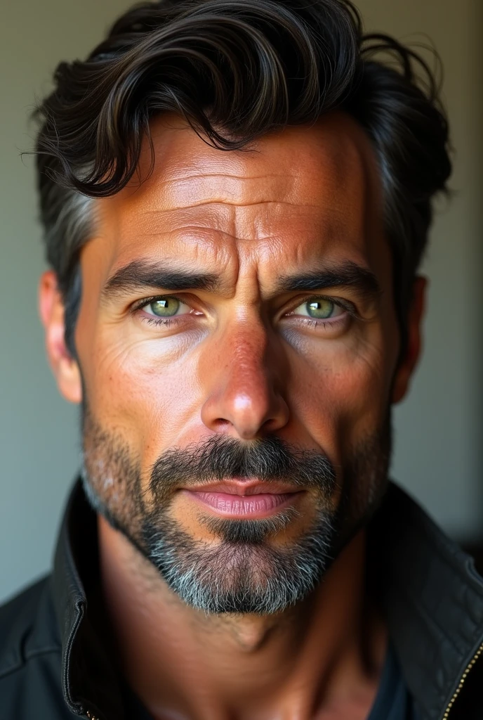 (Photorealism:1.2), handsome tanned guy, cheveux noirs courts, with green eyes and beard, 40 ans