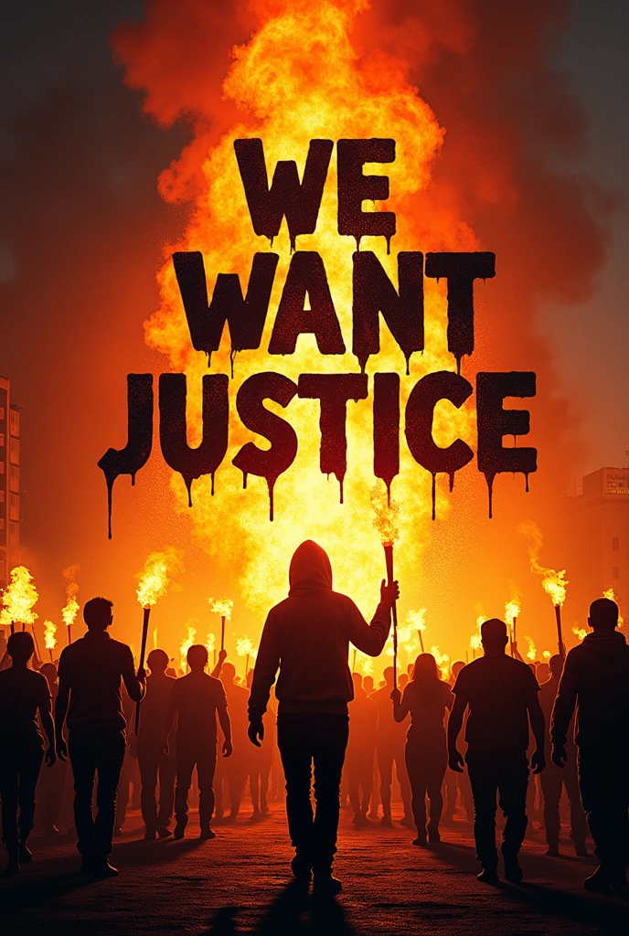 Generate an image where "We Want Justice"  appears or surrounded with fire. Give some more images. Now make a poster where people are marching behind this image. People are carrying fire torch.  Give some more poster ideas