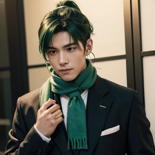 A man with green hair holding a rice ball、Ponytail and headphones、A scarf wrapped around a suit、
