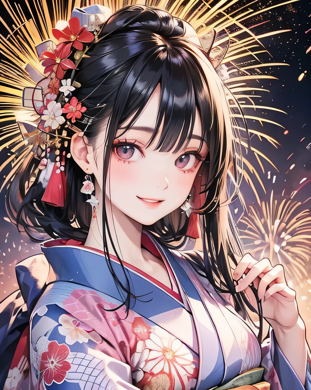 Looking at the camera,(((Highest quality, 8k, masterpiece))), Sharp focus, (Beautiful woman with perfect figure), thin, (Hairstyle: superior)), ((kimono)), Highly detailed face and skin texture, Beautifully detailed face, Beautiful attention to detail, Random Pause, (smile), Beautiful Japanese Woman, Realistic Face, double eyelid, smile, Summer festival, At sunset , Beautiful Teeth , Fireworks Background.