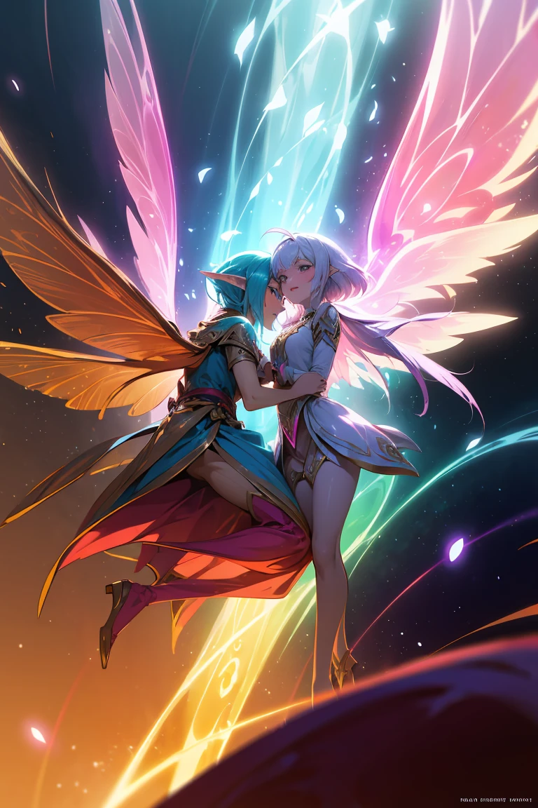 Create a DnD scene featuring an elf woman and an elf man, both with large, vibrant wings that shimmer with magical, multicolored light. They float gracefully in a mystical environment, their wings glowing and casting an enchanting aura around them, embodying the essence of magic and wonder.