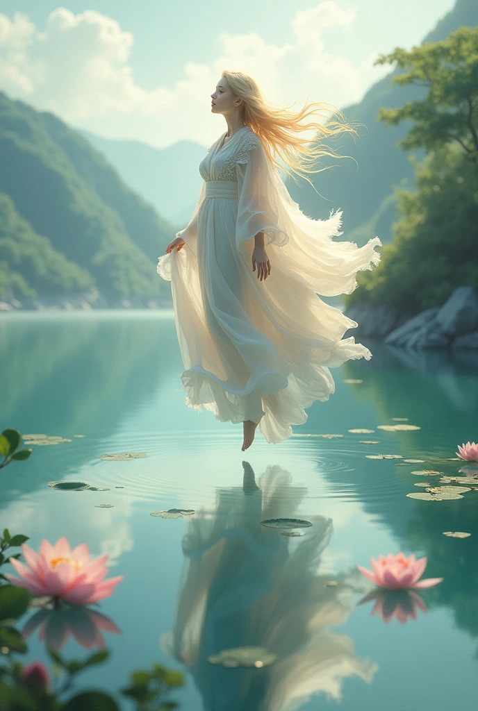 A scene of a blonde-haired Japanese-style heavenly maiden wearing a feather robe descending onto a lake