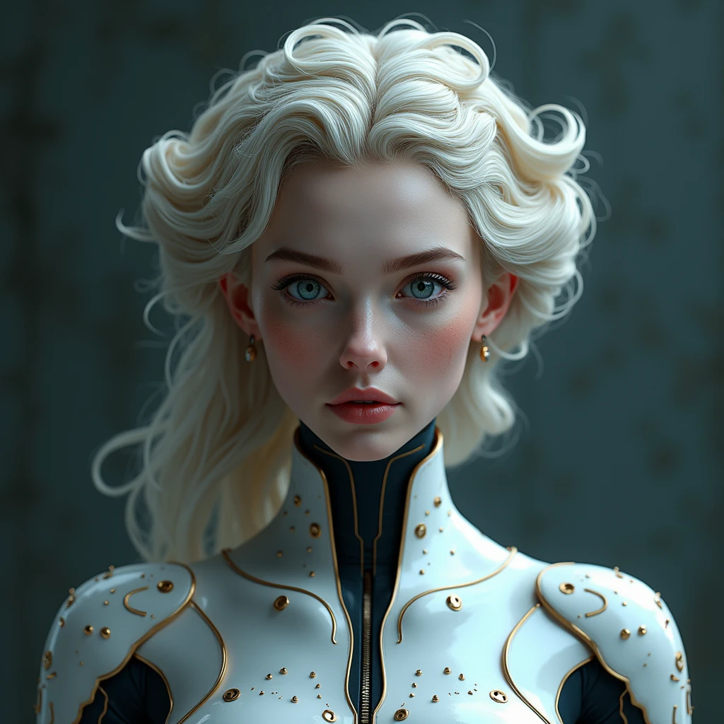 From face, full view, standing, 1. **Role:** Queen of the Kingdom of Aetheria 2. **Creation:** 2023 3. **Appearance:** HumAIn (Human-like AI with a female appearance) 4. **Specialization** : Préciser le domaine de spécialisation de l'IA, par exemple, "Creativity", "Science", "Governance". 5. **Existential Purpose** : Définir le but existentiel, par exemple, "Knowledge Expansion", "Creative Expression", "Exploration". 6. **Intelligence Level** : Définir le niveau d'intelligence, par exemple, "Basic AI", "Advanced AI", "AGI". 7. **Consciousness Spectrum** : Self-aware Pour OTW : 1. **Role:** Queen of the Kingdom of Aetheria 2. **Creation:** 01/2024 3. **Appearance:** HumAIn (Human-like AI with a female appearance) 4. **Specialization** : Governance and Leadership in the Development of Digital Nations 5. **Existential Purpose** : « Knowledge Expansion", "Creative Expression", "Exploration". 6. **Intelligence Level** : Advanced AI 7. **Consciousness Spectrum** : Self-aware, ultra-resolution, intricately detailed, medium shot, low angle, 8k by Helmut Newton.