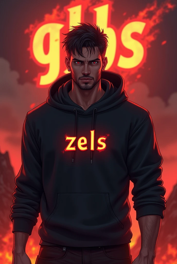 Create anime character;
{background: capital HD text: “GLBK” in center-top, hell magma}, tanned skin,
realistic, Villain, like half-demon, HDR, handsome, full body, age 20, hoodie HD text: “Zels”, male