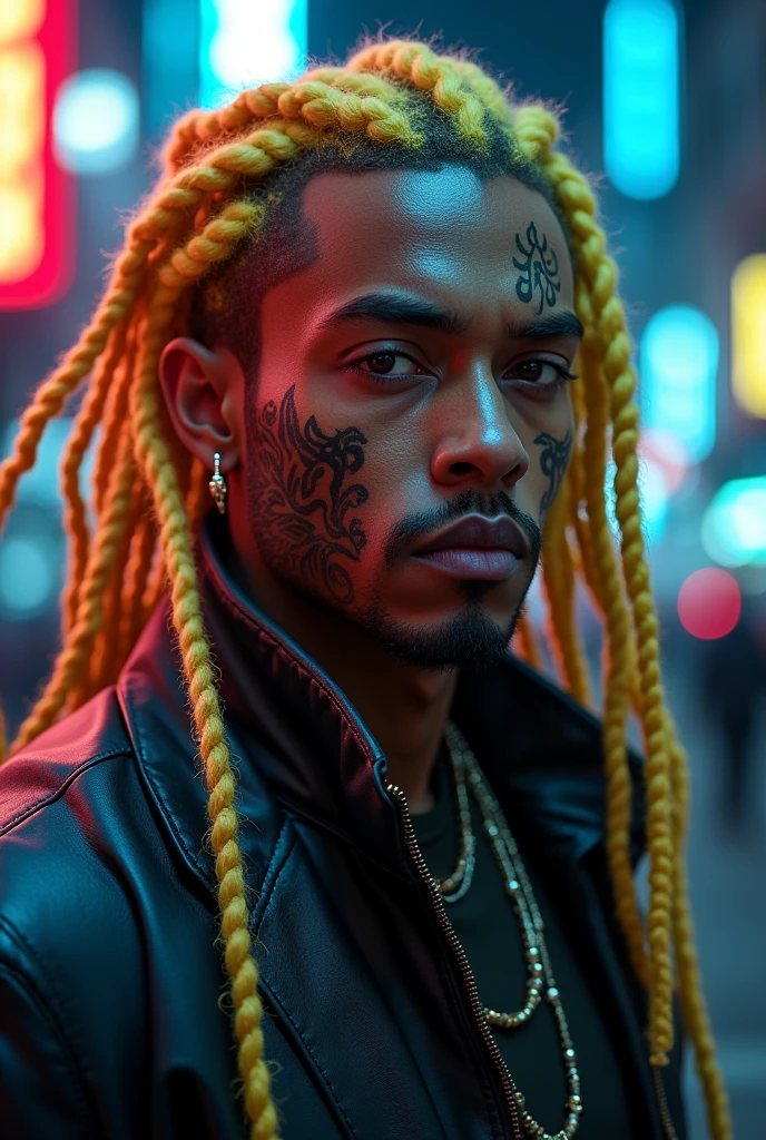 a man with half black and half asian skin, blond dreads, cyberpunk style, intricate face tattoos, glowing cybernetic implants, neon cityscape background, dramatic lighting, moody color palette, cinematic composition, photorealistic, 8k, hyper detailed