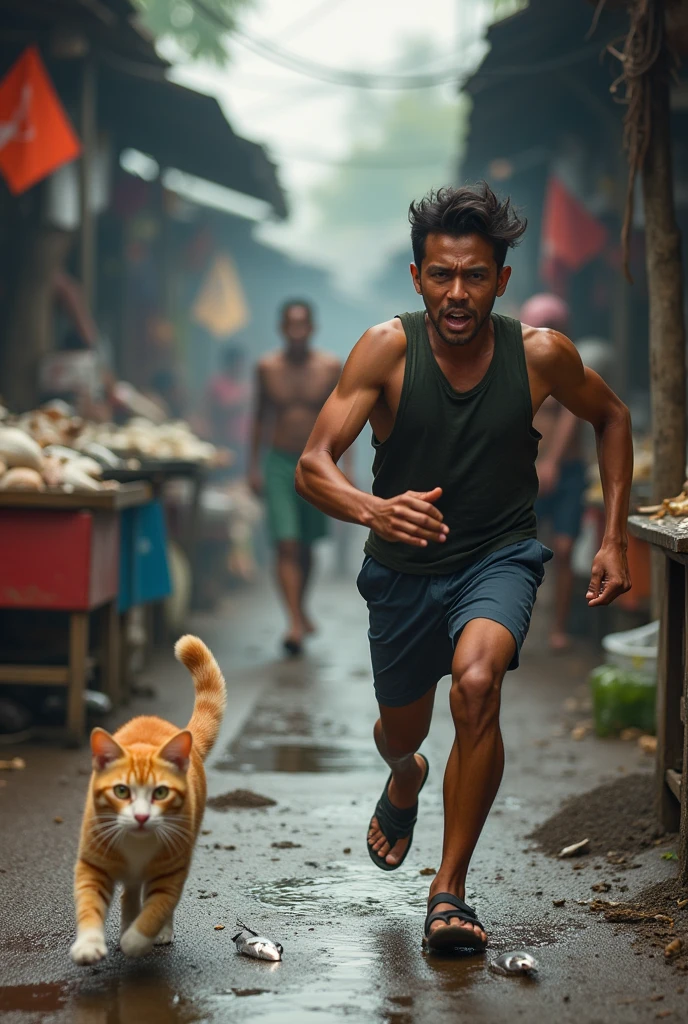 real photo A young Indonesian man chases a cat that has just stolen fish from a fishmonger's shop and runs away with it. His face looks panicked because he is being chased by a fish seller, a young Indonesian man. The fish looked silver in color and was medium in size. In the background, a fishmonger screams at a cat. The view is of an open market street, with stalls and people walking around., photo