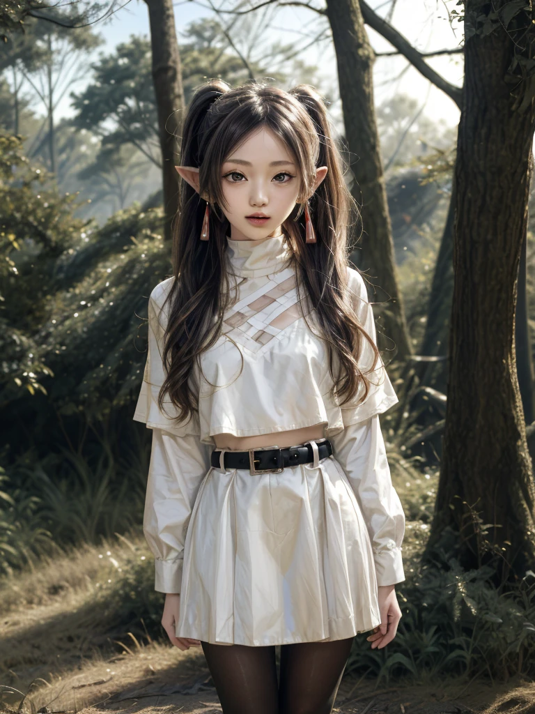 masterpiece, best quality, absurdres, 1girl, solo, FrierenBase, long hair, twintails, earrings, white capelet, striped shirt, horizontal stripes, long sleeves, belt, white skirt, gold-trim, black pantyhose, arms behind back, outdoors, forest, 