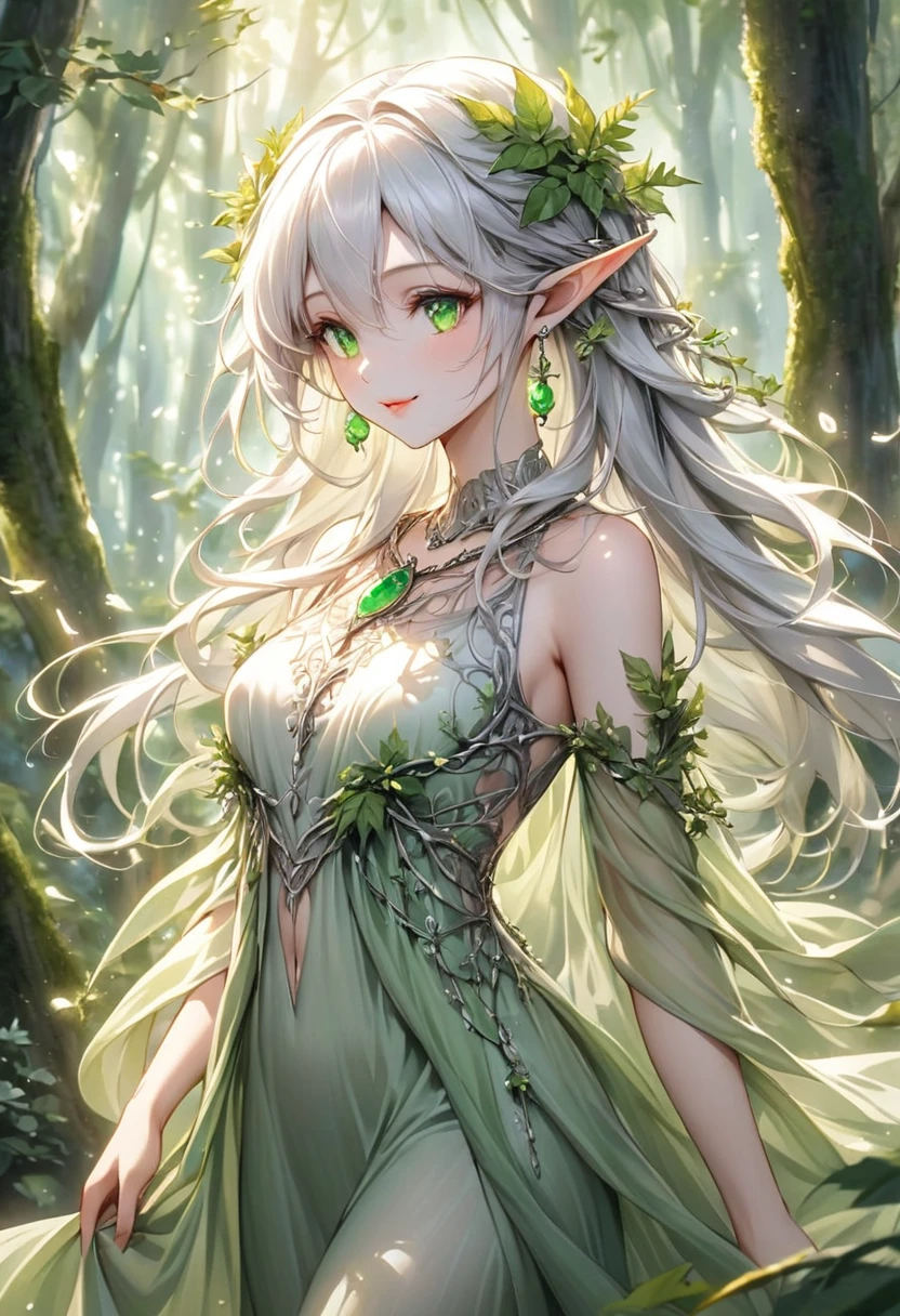 A stunning elf woman living deep within an ancient, enchanted forest. She has long, flowing silver hair that cascades down her back, shimmering in the dappled sunlight filtering through the dense canopy above. Her almond-shaped eyes are a vivid emerald green, radiating wisdom and a serene connection to the nature around her. She wears a flowing gown made of delicate, ethereal fabric that seems to be woven from the very essence of the forest, in shades of moss green and soft browns, blending seamlessly with her surroundings. Intricate silver vines and leaves adorn her dress, shimmering faintly as she moves gracefully through the forest. Around her neck is a necklace with a glowing, moonstone pendant, hanging delicately on a silver chain. Her ears are elegantly pointed, adorned with delicate leaf-shaped earrings made of silver and emerald. The elf woman’s expression is one of calm and peace, with a gentle, knowing smile on her lips. She is surrounded by the beauty of the forest, with ancient trees, lush ferns, and softly glowing flowers all around her. A faint mist weaves through the air, and the sounds of birds and rustling leaves create a serene, magical atmosphere.