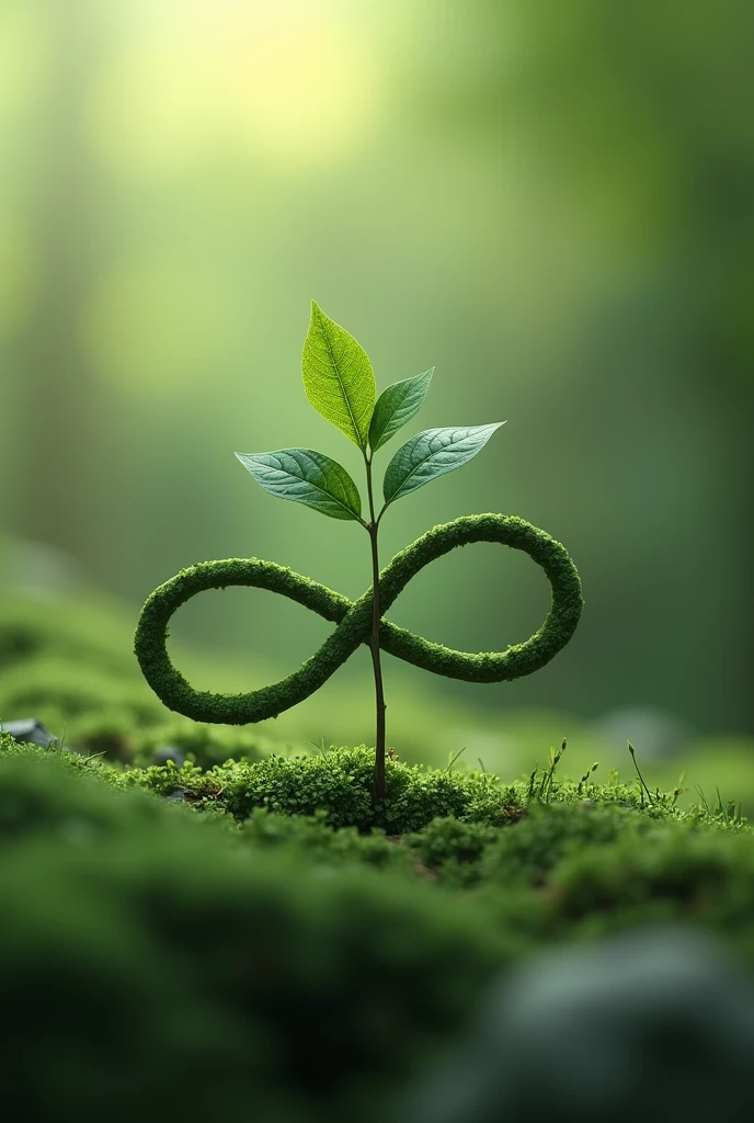 create an infinity ∞ logo in landscape with 3 small leaves with the stem and make it realistic (the leaves should on the center of the ∞)