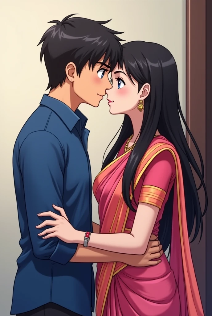 Make anime couple sex scenes: ladka aur ladki 10th standard me hai. Ladka aur ladki  hai. jisme ladke ne blue shirt pehna hai , jispe red aur yellow lines pehni hai. Ladki ne pink saree pehni hai without blouse . Dono ek dusre se chipke hue hai. Dono ek dusre ko lip kiss kar rahe hai. Ladki ka dupatta lehra Raha hai.ladke ne ladki ki kamar ko tightly pakad rakha hai, dono ek dusre se chipke hue hai aur sex kar rahe hai. 