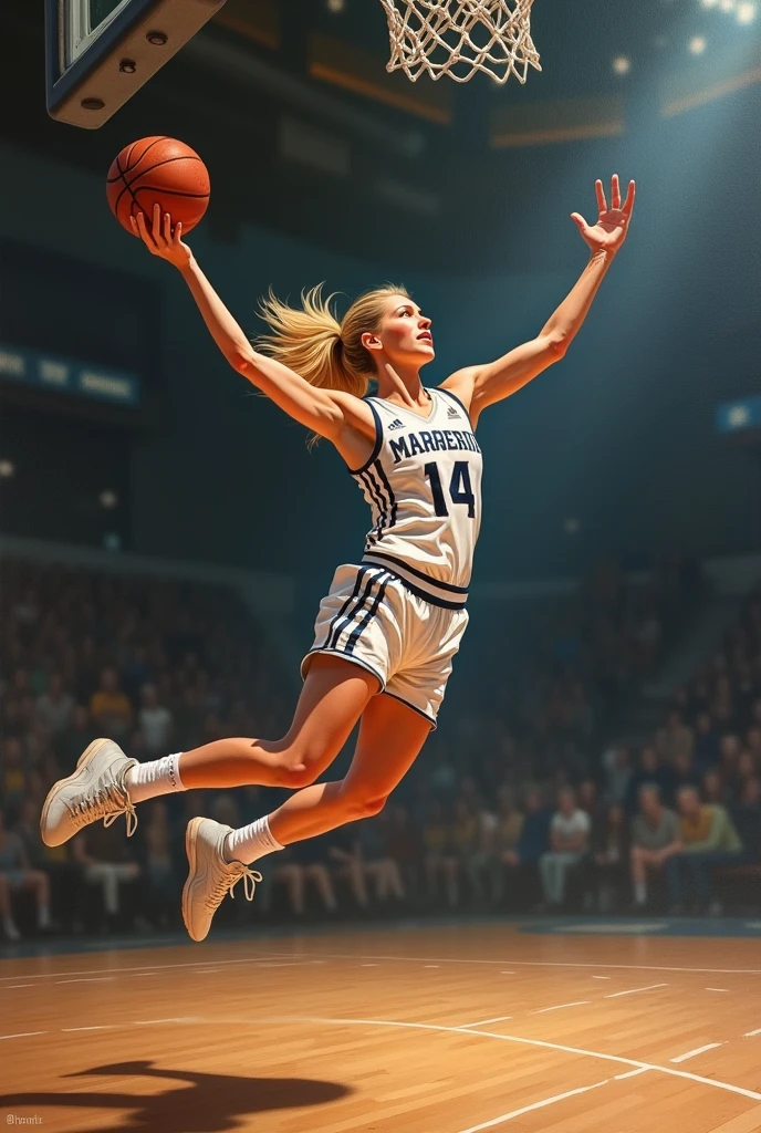 realistic paint of blond women basketball player shooting to the basket, number 14 naming Margherita