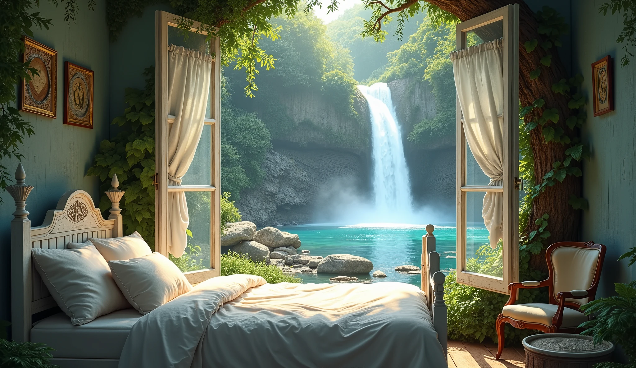 Cute shabby white bedroom in the forest。A fantastic and mysterious view of the waterfall。bed。unmanned。
