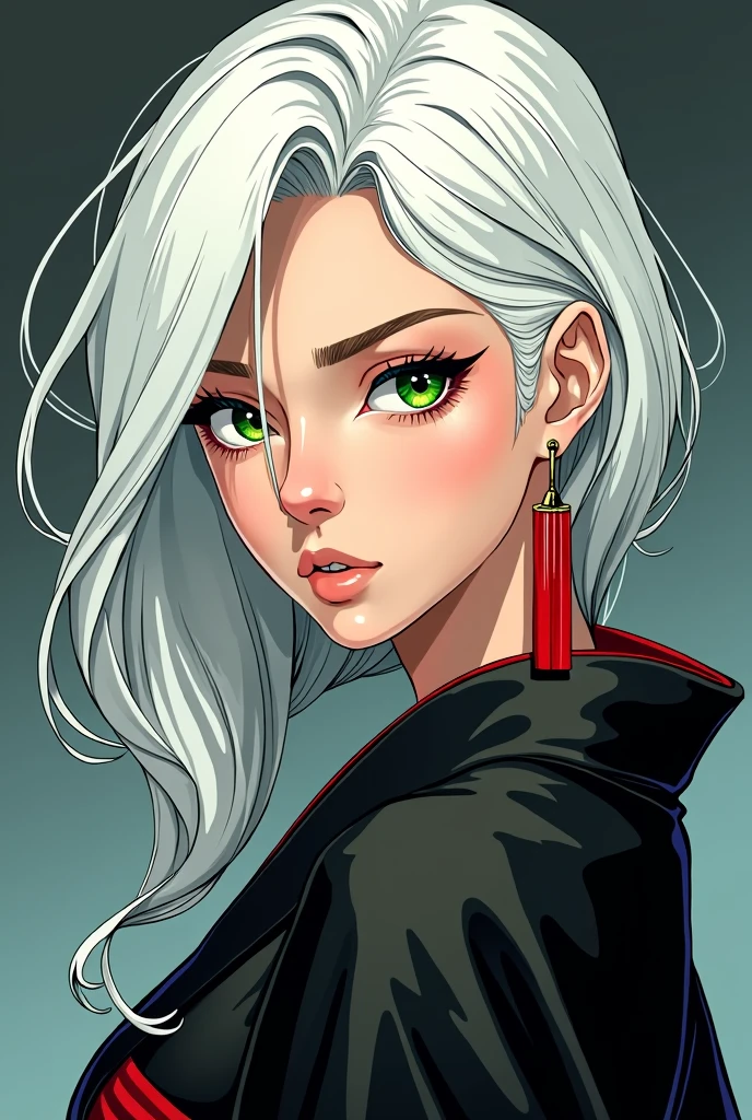 Manga woman 2 white hair light green eyes no hair on the forehead. Dressed in a badass black kimono with a single long red earring 