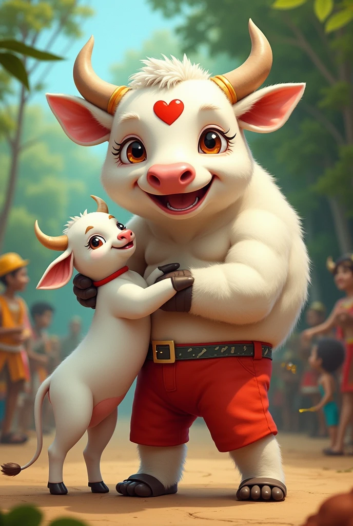 Raising a young white bull, its small horns with soft rounded tips, on your forehead there must be a red heart, happy face, the lower half of the human body of a man with red pants, scenario reminiscent of the Parintins festival in Amazonas.