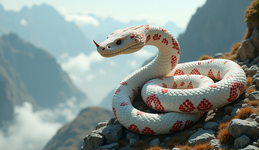 There are many white jade ores on the mountain.，There are also many red and white rings on the body，Pit viper with spikes on its nose（best quality，4K，8k，High level，masterpiece：1.2），Ultra Detailed，（lifelike，Photo real，Photo real：1.37）